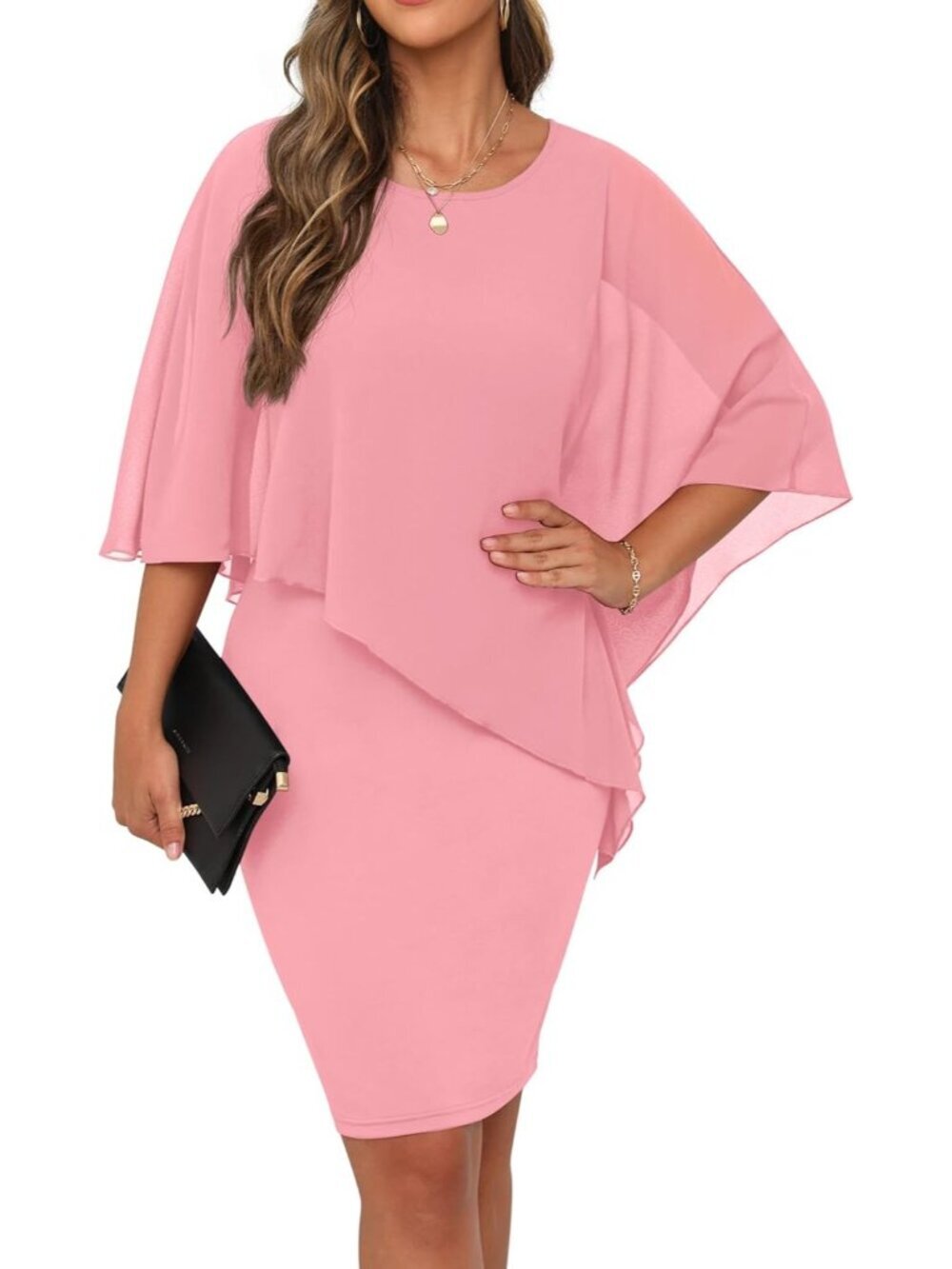Women's Summer Casual Loose Pink Leaf Knee Length Chiffon Flowy Elegant Dress
